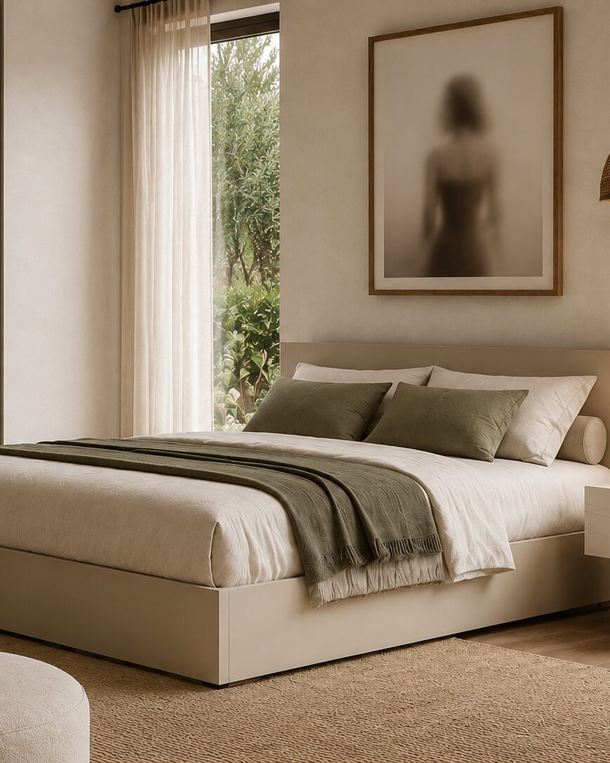Upholstered bed with bedside units and a framed print