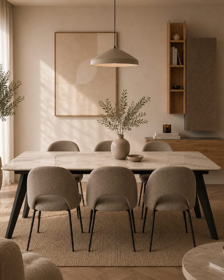 Light stone-top dining table with six upholstered chairs