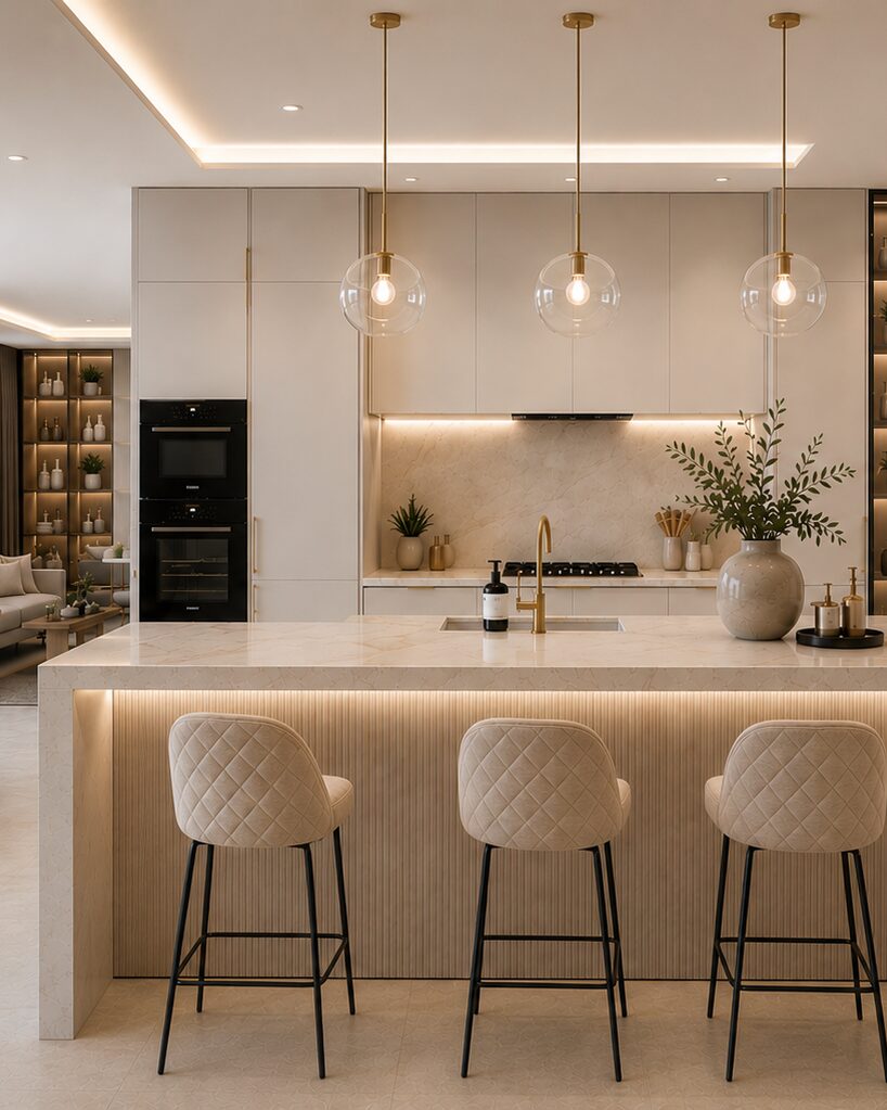 Open-plan kitchen with a stone-topped island, bar stools and pendant lights
